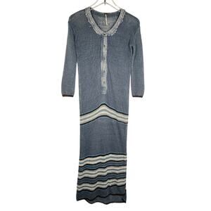 Free People Women's Linen Sweater Knit Duster XS Blue Striped Cozy